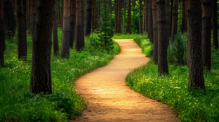 Obraz premium Serene Pathway Through Pine Forest in a Tranquil Nature Setting