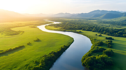 Fototapeta premium Aerial drone view of a breathtaking travel destination, untouched nature and vibrant landscapes in the golden light of sunrise. The tranquil scenery and wilderness escape for nature and adventurers.