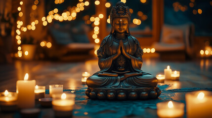 Fototapeta premium In the Glow of Candles, the Mantra Resonates, Drawing the Mind into the Depths of Spiritual Tranquility
