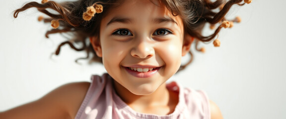 Obraz premium Portrait of a happy young girl with brown hair and flowers in her hair
