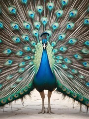 Obraz premium Majestic Peacock Displaying Its Vibrant Teal and Blue Feathers in Elegant Fan Shaped Formation