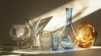 A collection of glassware, including a martini glass, a martini shaker