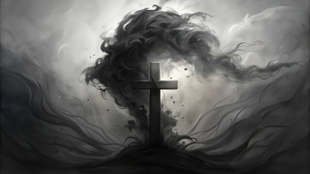 A Wooden Cross Stands Tall Amidst Whirlpools of Dark Smoke