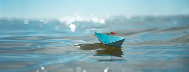 Blue paper boat sea panorama