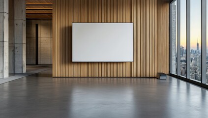 Blank White Presentation Screen in Modern Office with Wooden Walls and City View