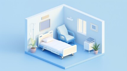 A modern, minimalist hospital room with a single bed, chair, and plants, designed in a soothing color palette.