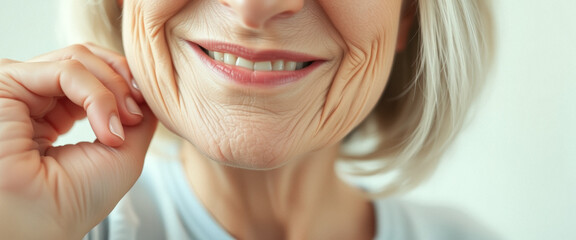 Close-up of a woman's smiling face, showing wrinkles and fine lines