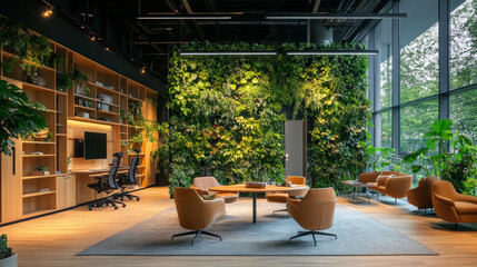 Serene, biophilic office with natural wood, green walls, well indoor decoration, house design