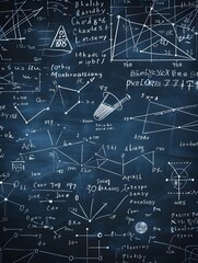 Blackboard inscribed with scientific formulas and calculations in physics and mathematics. Science and education math background.
