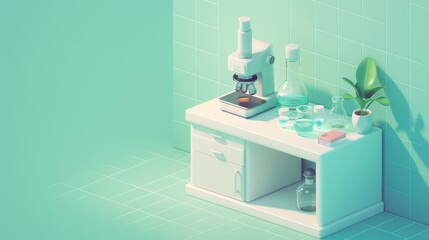 Fototapeta premium Stylized pastel lab scene with a microscope, glassware, and plant on a bench, illustrating a minimalist scientific workspace.