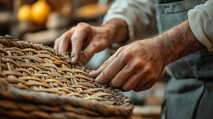 A side view of a craftsman’s hands at work, showing the natural materials being woven into a sturdy, functional piece, the texture of the willow and the craftsman’s movements in fo