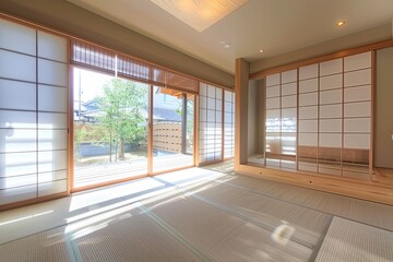 Obraz premium Living Room. new house. sliding doors. Ultra modern interior and Large Glass Doors and Windows in New Luxury Home