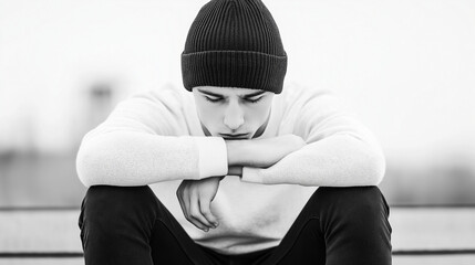 Sad teenager in black beanie sitting with arms crossed on knees