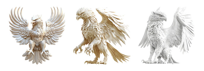 Mythical griffin statues set isolated on transparent background