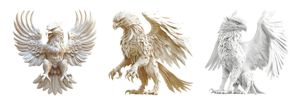 Mythical griffin statues set isolated on transparent background