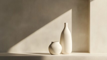 Two white vases sit on a shelf in front of a wall
