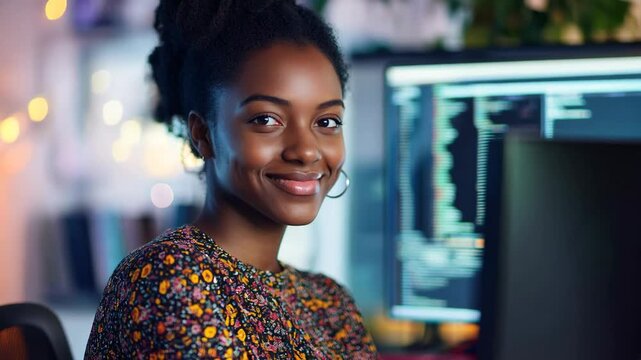 Young woman coding at desk with computer screens in cozy workspace. African American woman smiles while working on programming tasks at her computer desk filled with tech and soft ambient lighting