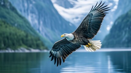 Obraz premium Shot of an eagle gliding effortlessly over a mountain lake