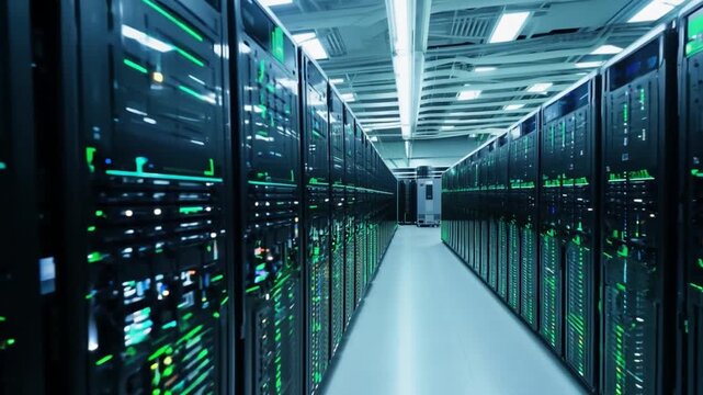Multiple server racks align in a cutting-edge data center, illuminated by green lights, showcasing advanced technology and infrastructure.