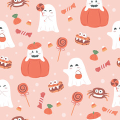 Halloween ghost sweet treats seamless pattern vector illustration