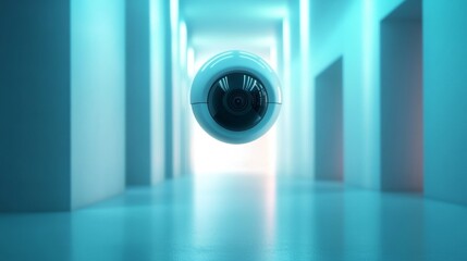 A white robot with a camera on its head is floating in a hallway