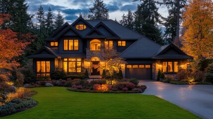 A large house with lights on in the evening time, AI