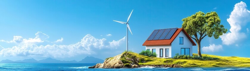 Concept of renewable energy sources in flat design, top view, sustainable theme, animation, Split-complementary color scheme