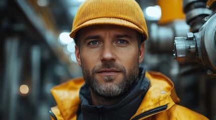 A man in a yellow jacket and hat is standing in front of a pipe