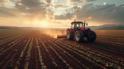 Obraz premium At sunset, a farmer on a red tractor prepares a plowed field for planting, stirring up dust. Small green plants are visible, under a warm sky.