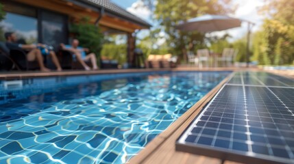 Obraz premium A sparkling blue pool with a solar panel system, symbolizing eco-friendly luxury, sustainable living, energy efficiency, outdoor relaxation, and modern design.