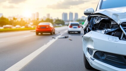 Close-Up of Accident Damage to Vehicle Front Ends, City Streets with Other Cars, Sun Rays Shining Through Clouds