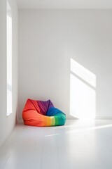 A stark white room with a single rainbow-colored bean bag chair in the corner. 