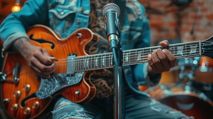 Obraz premium Man sitting play electric guitar on the outdoor concert