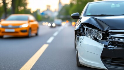Fototapeta premium Close-Up of Accident Damage to Vehicle Front Ends, City Streets with Other Cars, Sun Rays Shining Through Clouds