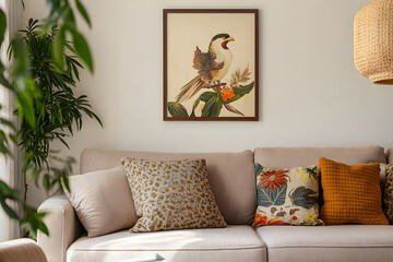 Cozy living room with a beige sofa adorned with textured and patterned pillows. A framed art piece depicting a bird and a woman hangs on the wall. A potted plant and book add to the serene atmosphere.