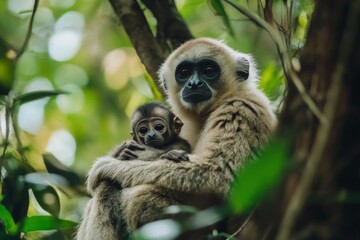 Fototapeta premium mother gibbon with her baby sitting on the tree 