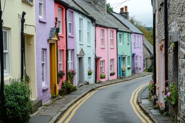 Fototapeta premium A street in a historic town, with the houses painted in a rainbow of pastel colors. 