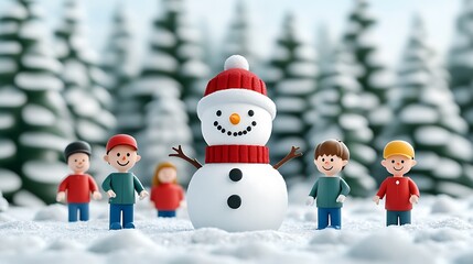 Snowman surrounded by children in a winter forest scene