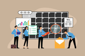 Business team analyzing financial documents and project timelines in a modern office setting 2d flat vector illustrations