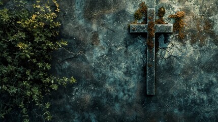 A weathered metal cross is mounted on a textured stone wall covered in moss. This image symbolizes faith, hope, resilience, time, and nature.