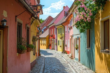 Obraz premium A street in a historic town, with the houses painted in a rainbow of pastel colors. 