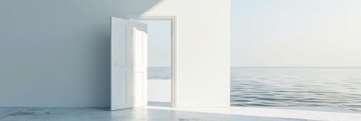 A white door opens to reveal a breathtaking ocean view, symbolizing new opportunities, fresh starts, escape, and the vastness of possibilities.