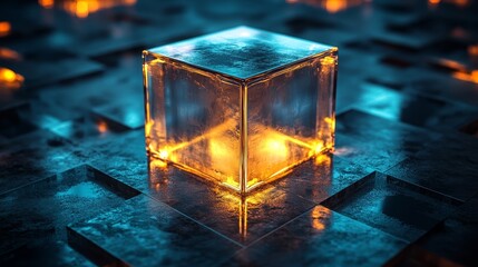 A cube with a light inside of it is on a dark background