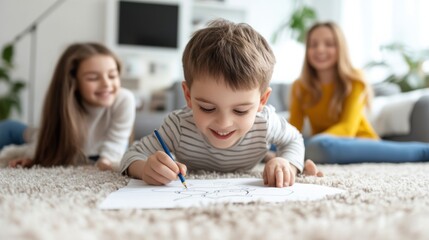 A young boy drawing on a piece of paper while two other children watch, AI