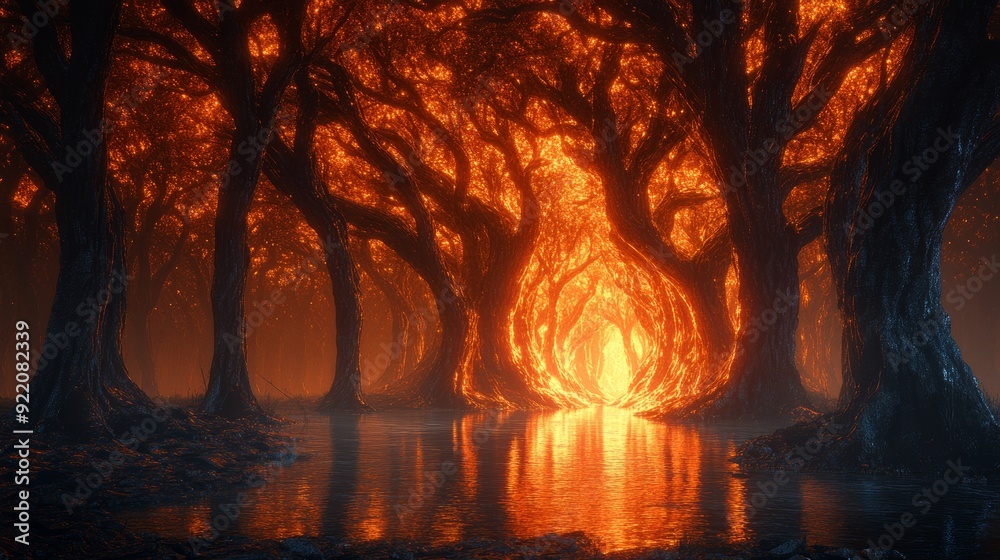 Canvas Prints A forest with trees that are glowing orange