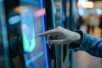 A person uses their finger to scan a fingerprint reader.