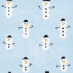 A group of snowmen standing next to each other, Christmas pattern, textile design, folk art, tileable, splotches.