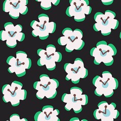 White flowers Pattern. A pattern of green and white flowers on a black background. Seamless pattern, flower, art, illustration, surface design, textile print.