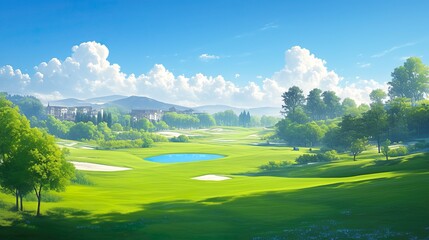 Obraz premium Green lawns and serene, manicured golf courses with blue skies