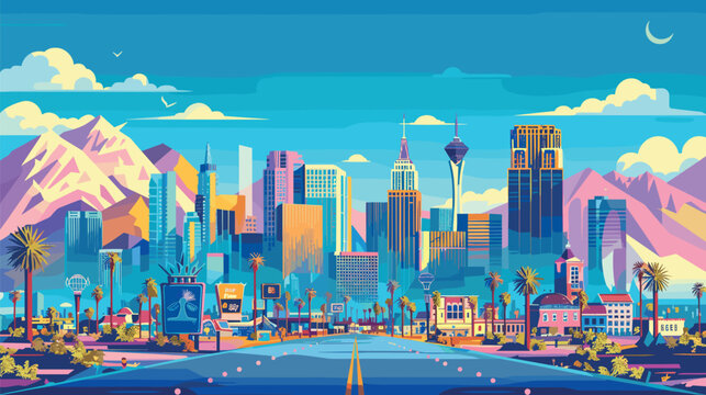 Colorful urban landscape of las vegas skyline with mountain backdrop